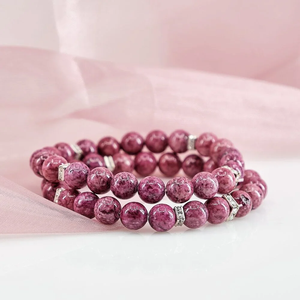 Feminine Gemstone Bracelet Set, Genuine Pink Jasper Stretch Bracelets, Unique